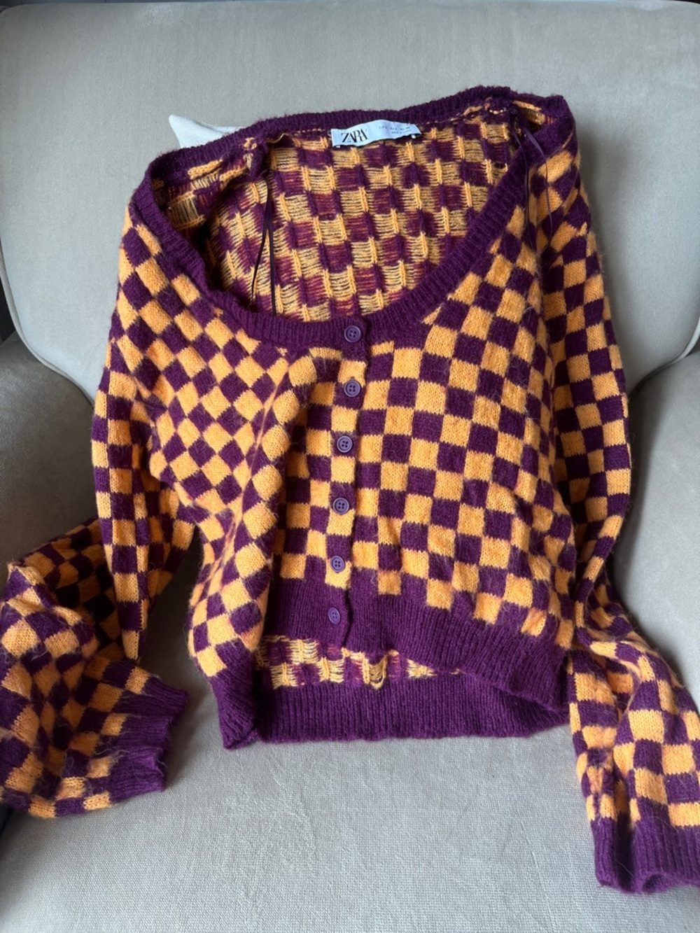 Zara Purple and Yellow Checkered Button-Front Cardigan
